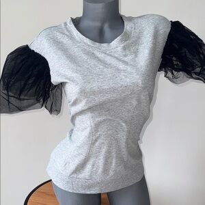 Chelsea 28 Gray Top with Black Sheer Puff Sleeves - Women's Casual Top S